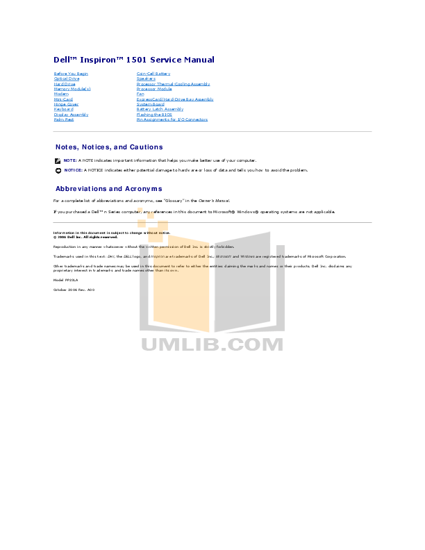 Download free pdf for Dell Inspiron 1501 Laptop manual